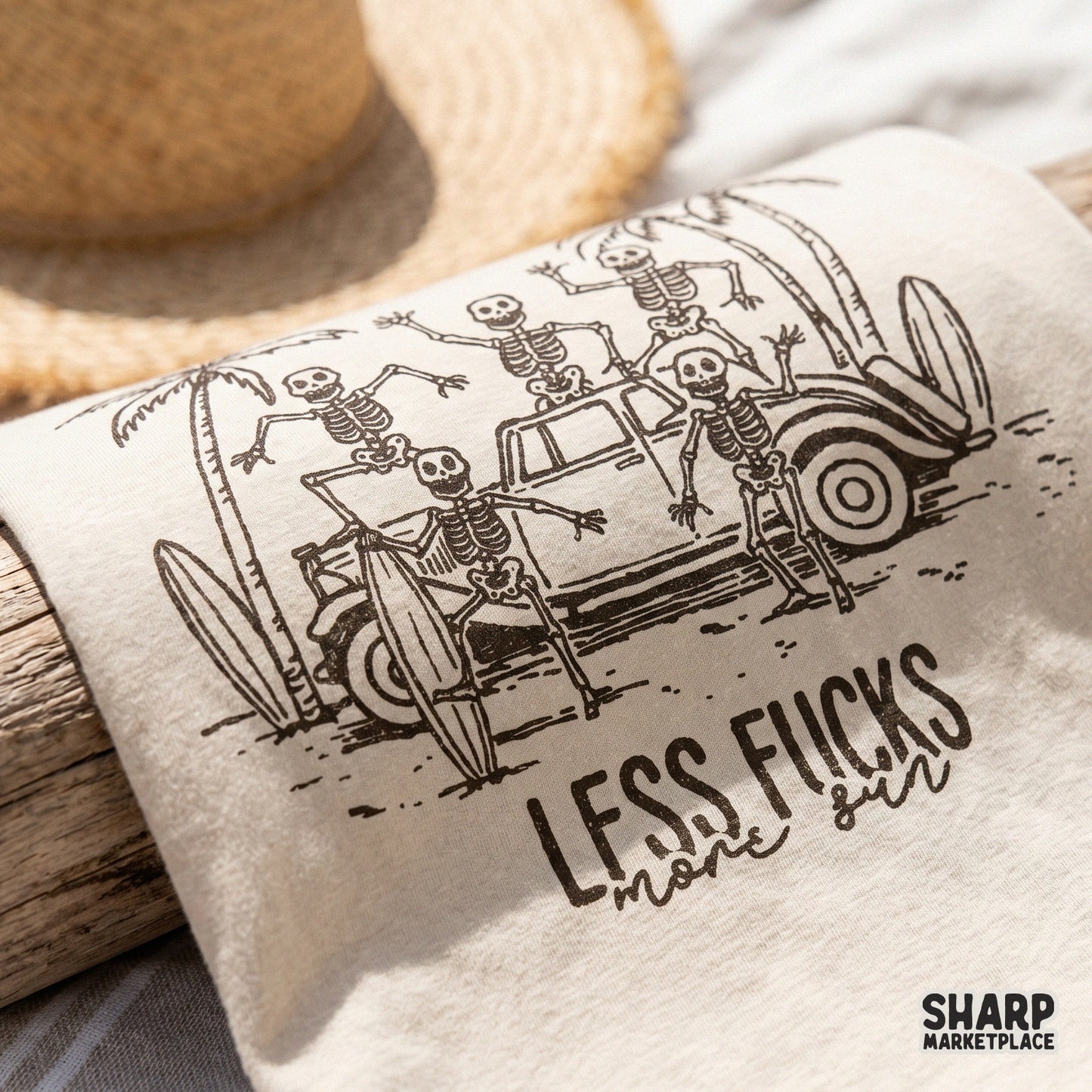 Gritty line art illustration of skeletons enjoying a beach day with surfboards and a car, featuring a red sun and the phrase Less Fucks More Sun.