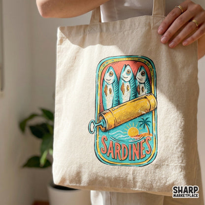 Digital sardines can artwork with a tropical sunset, palm tree, and ocean waves, perfect for summer sublimation, apparel, or coastal themed stickers.
