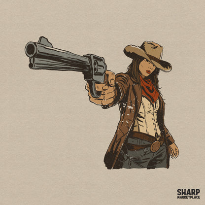 Vintage western cowgirl illustration with a revolver, wearing a cowboy hat and red bandana, featuring a rustic distressed texture for apparel.