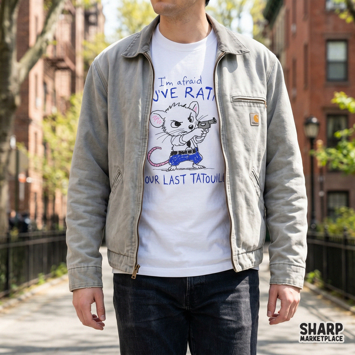 Sarcastic western rodent design featuring a mouse in blue pants holding a firearm, perfect for custom t-shirts, stickers, or trendy sublimation apparel