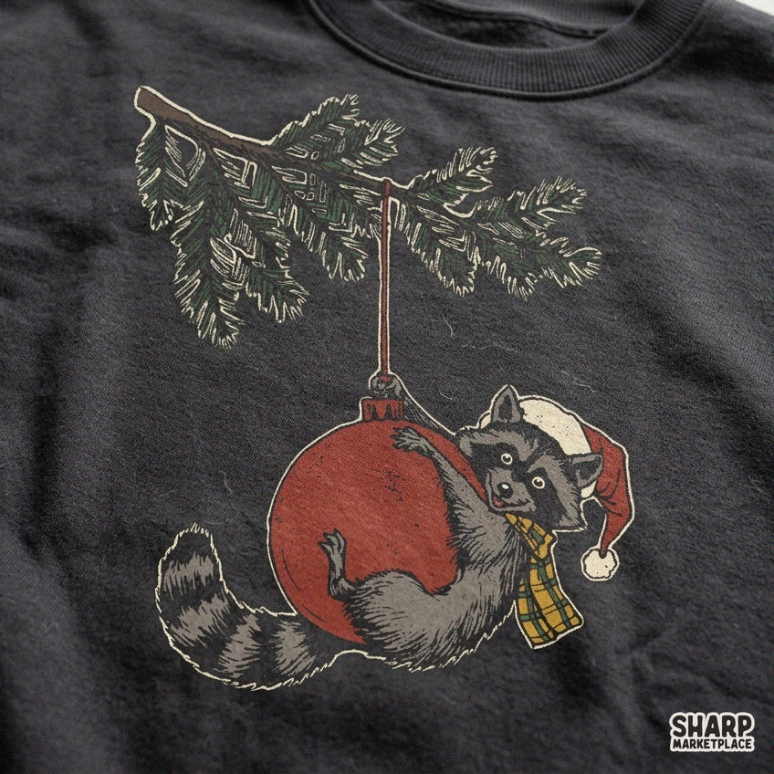 Cute Christmas Raccoon on Tree Ornament Christmas PNG