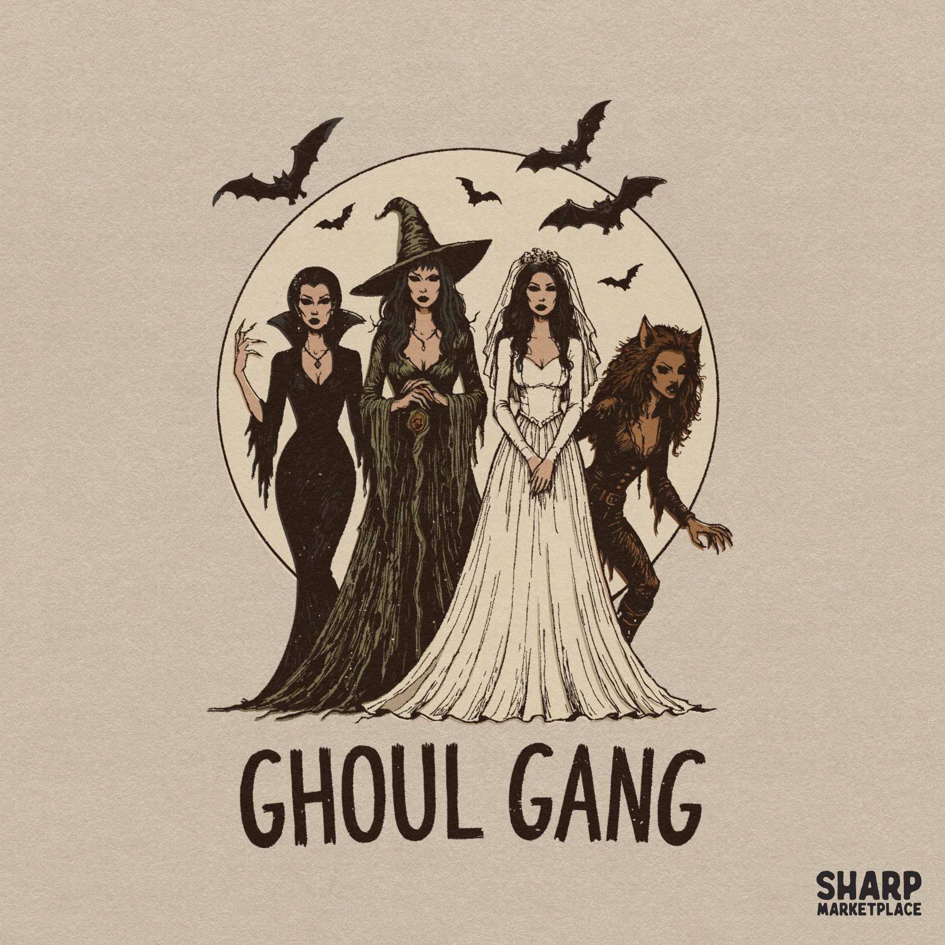 Retro Ghoul Gang Halloween PNG featuring a cute monster squad and witches graphic for spooky season shirts and fall decor