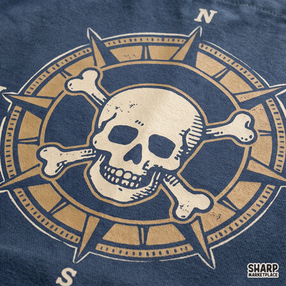 Retro pirate compass rose with skull and crossbones PNG design for nautical summer shirts and print-on-demand products
