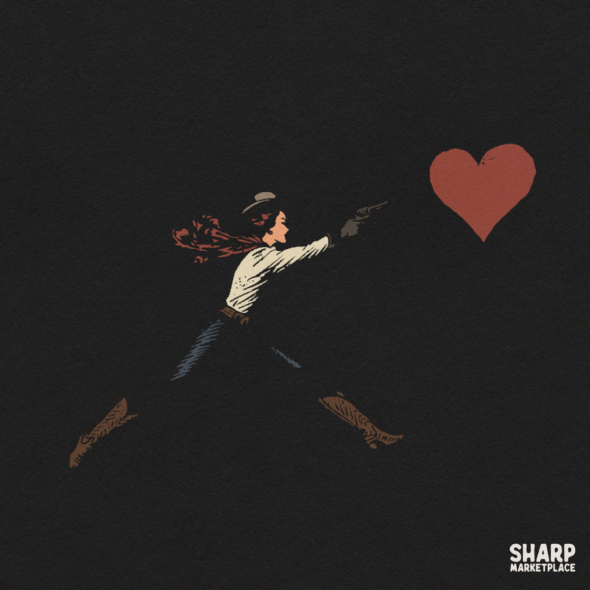 Sarcastic western cowgirl shooting a giant red heart illustration PNG for Valentine's Day shirts and apparel