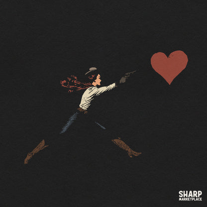 Sarcastic western cowgirl shooting a giant red heart illustration PNG for Valentine's Day shirts and apparel
