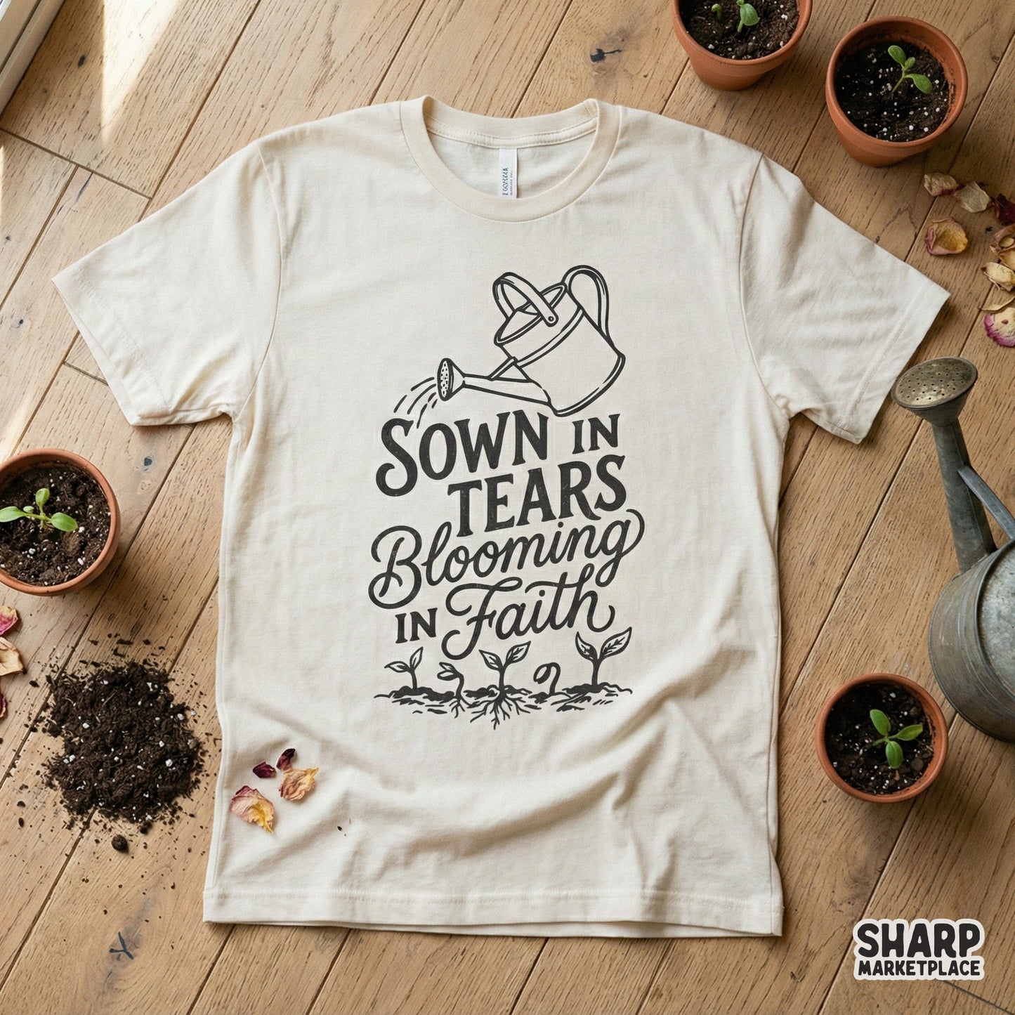 A cream-colored t-shirt mockup displaying a black ink botanical design with the inspirational quote Sown In Tears Blooming In Faith and sprout graphics.