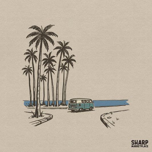 Hand-drawn vintage camper van cruising along a coastal road with tall palm trees and a blue ocean horizon, perfect for summer sublimation projects.