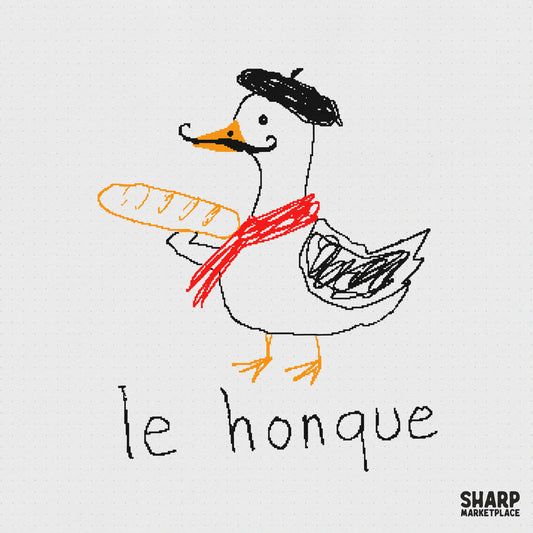 Whimsical hand-drawn goose wearing a black beret, red scarf, and mustache while holding a baguette, with the text le honque in a playful sketch style.