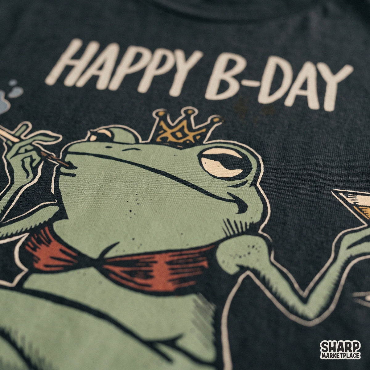Funny retro bikini frog design with Happy B-Day text for birthday PNG shirts and apparel