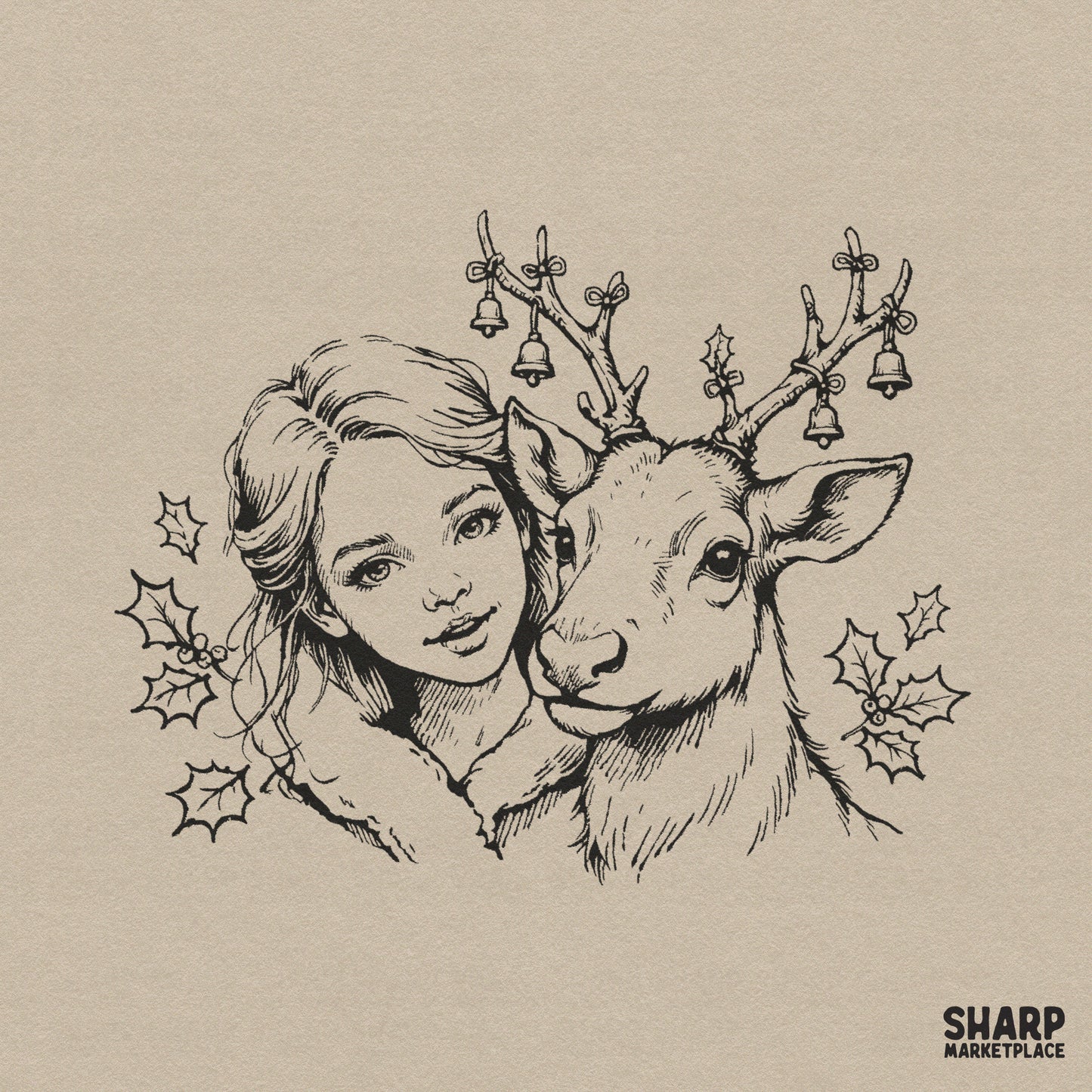 Vintage girl and reindeer in a retro holiday aesthetic for cozy winter sublimation shirts and Christmas digital designs