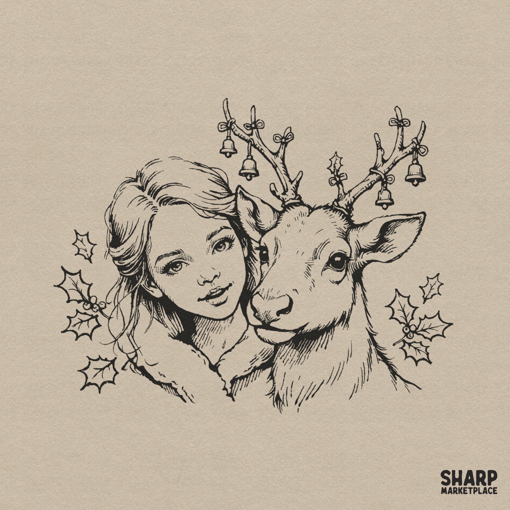 Vintage girl and reindeer in a retro holiday aesthetic for cozy winter sublimation shirts and Christmas digital designs