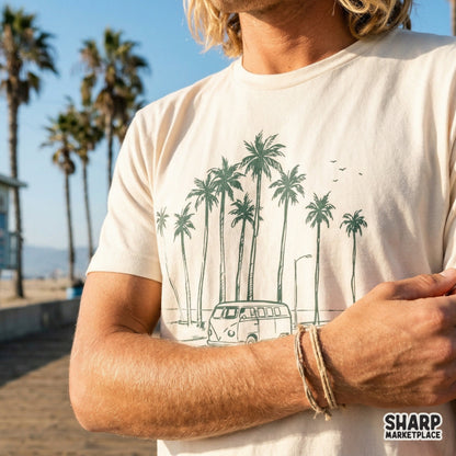 Coastal wanderlust digital design featuring a vintage van and palm trees, suitable for sublimation transfers and trendy summer craft projects.
