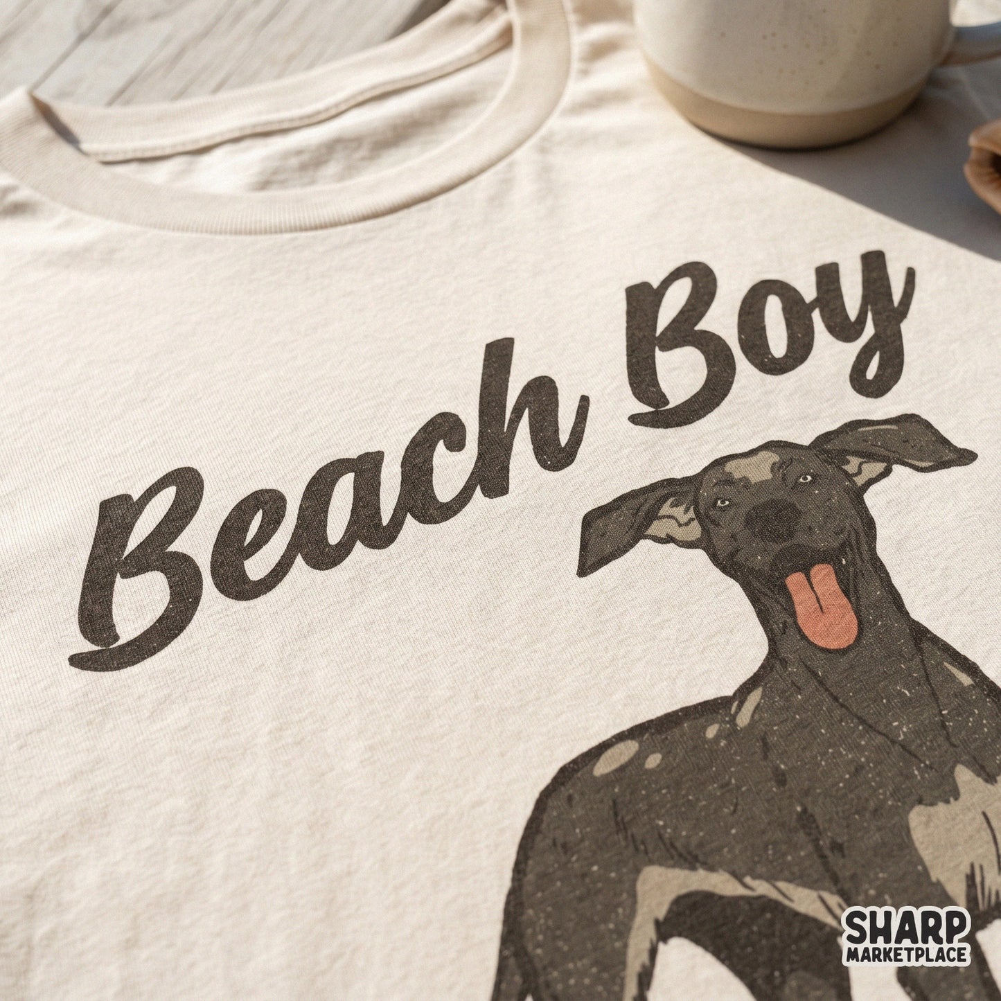 Summer inspired digital download featuring a cheerful dog and ocean waves, suitable for print-on-demand projects, apparel, and pet lover gifts.