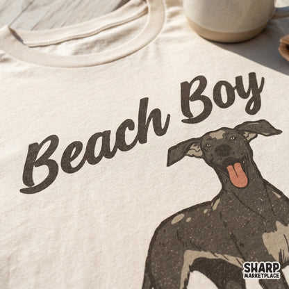Summer inspired digital download featuring a cheerful dog and ocean waves, suitable for print-on-demand projects, apparel, and pet lover gifts.