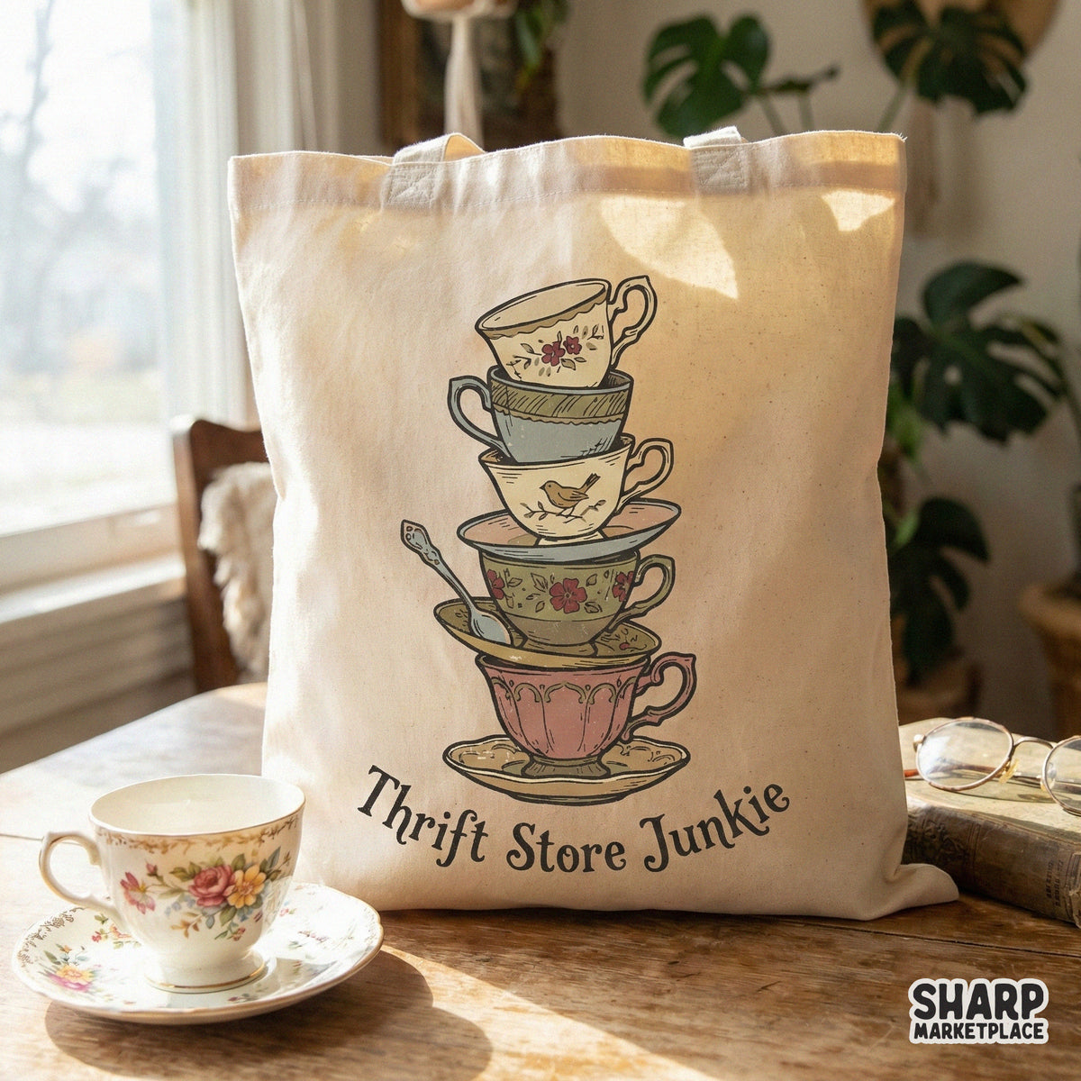 Canvas tote bag featuring a retro illustration of stacked vintage teacups and the text Thrift Store Junkie for a charming tea-themed aesthetic.