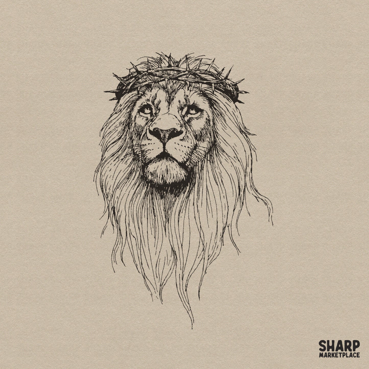 Detailed black and white line art sketch of a lion wearing a crown of thorns, perfect for Christian apparel and sublimation projects.