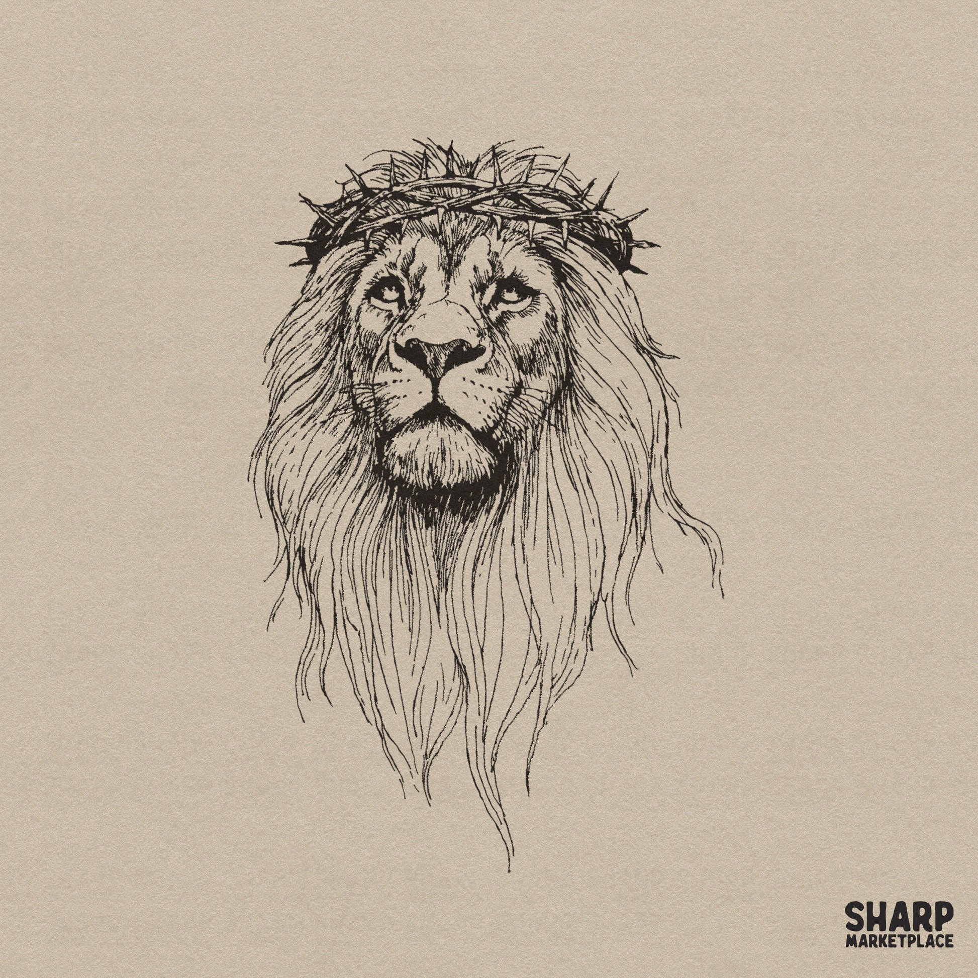 Detailed black and white line art sketch of a lion wearing a crown of thorns, perfect for Christian apparel and sublimation projects.