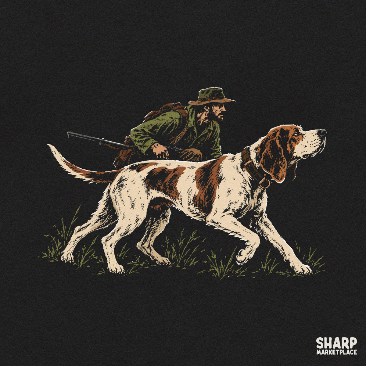 Pointer dog leading a rifle hunter in the wilderness western png design for sublimation t-shirts