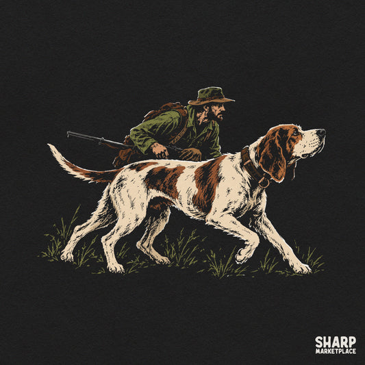 Pointer dog leading a rifle hunter in the wilderness western png design for sublimation t-shirts
