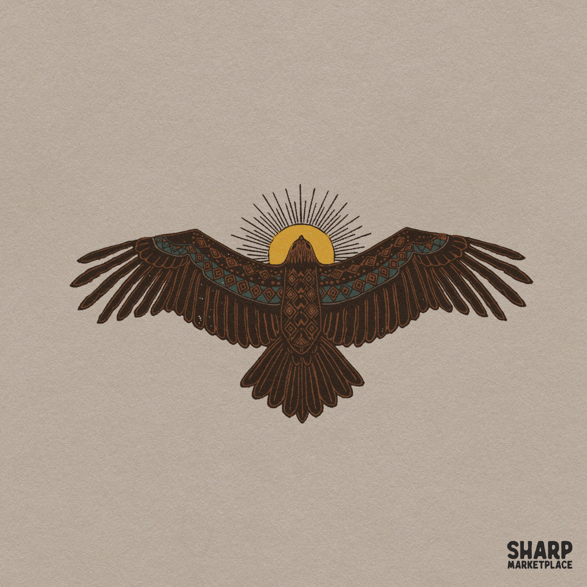 Southwestern thunderbird graphic with geometric patterns and yellow sun, retro western PNG design for t-shirt prints