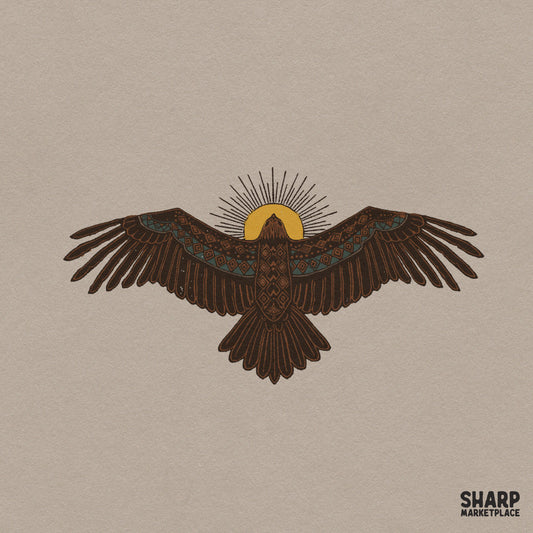 Southwestern thunderbird graphic with geometric patterns and yellow sun, retro western PNG design for t-shirt prints