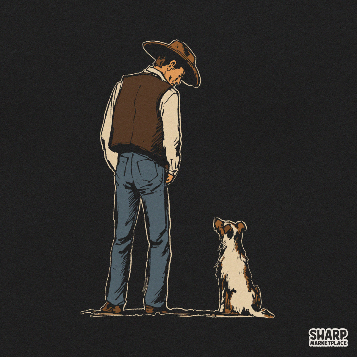 Retro western cowboy standing with his faithful dog PNG graphic for country t-shirts and ranch life sublimation