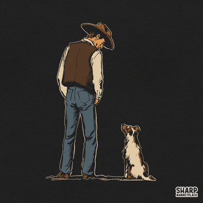 Retro western cowboy standing with his faithful dog PNG graphic for country t-shirts and ranch life sublimation