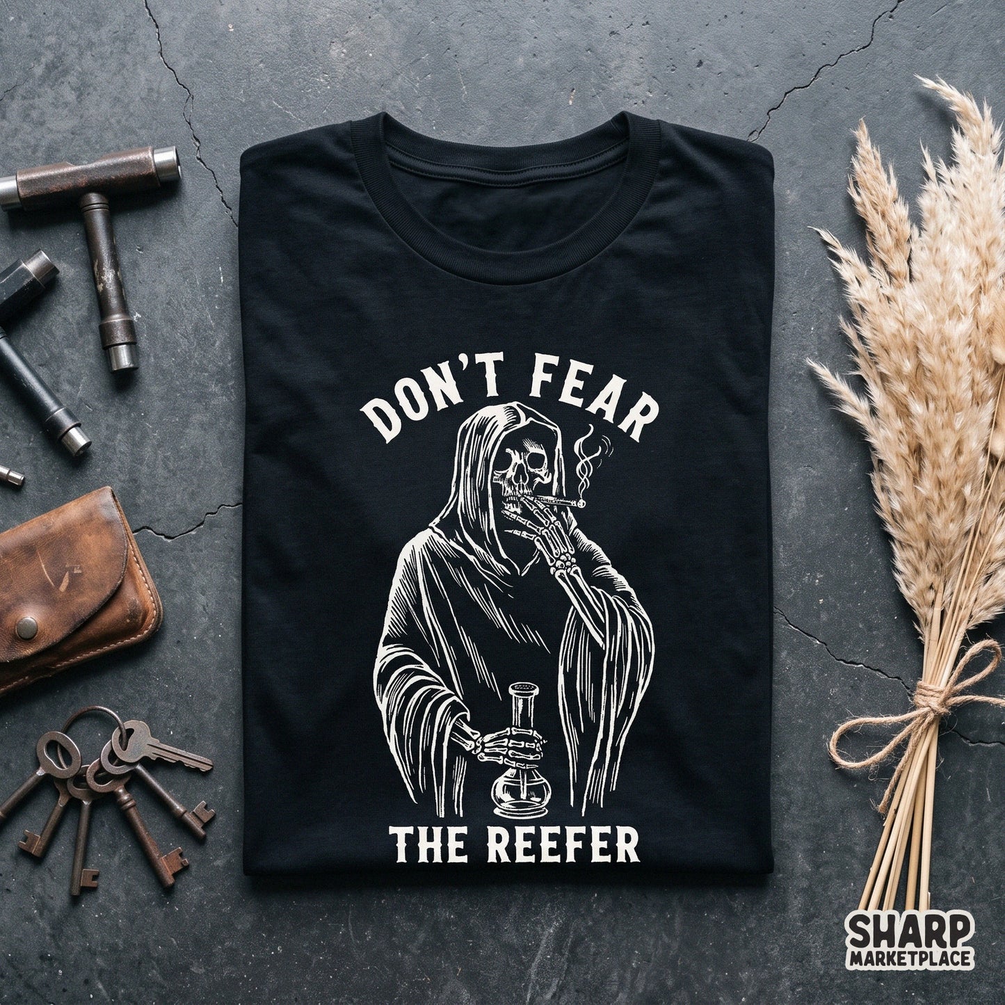 Retro 420 skeleton grim reaper with bong and don't fear the reefer text for spooky halloween sublimation shirts