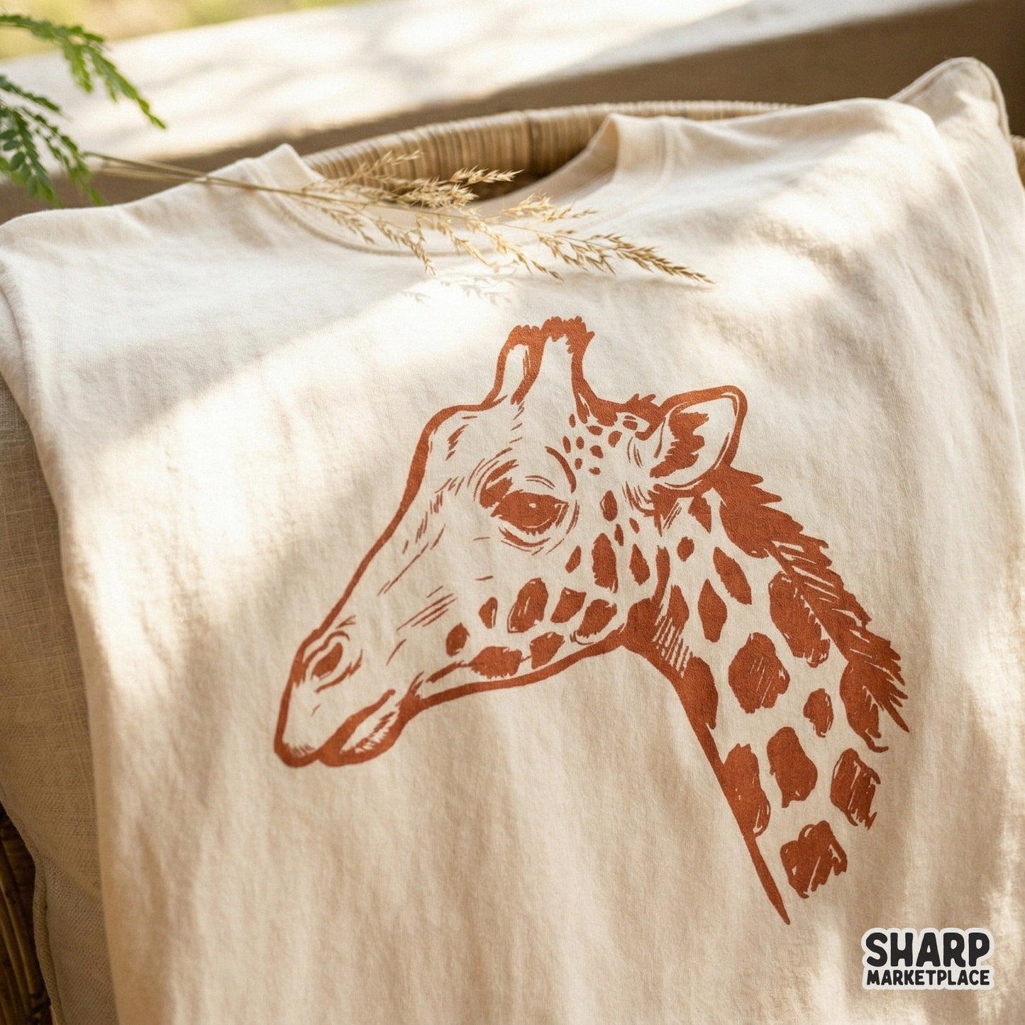 Minimalist safari giraffe head graphic with distinctive spots and clean lines, suitable for high-quality sublimation prints on clothing and accessories.