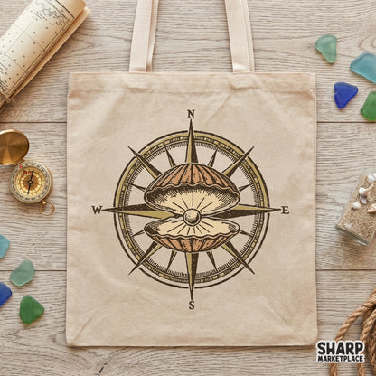 Vintage nautical compass and oyster pearl shell shirt sublimation png design for coastal retro summer vibes