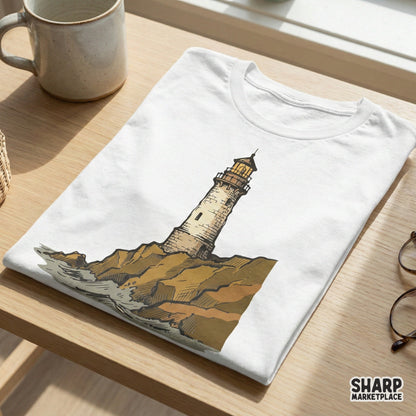 Lighthouse Coastal Art PNG, Nautical Cliff Illustration - 300 DPI Design