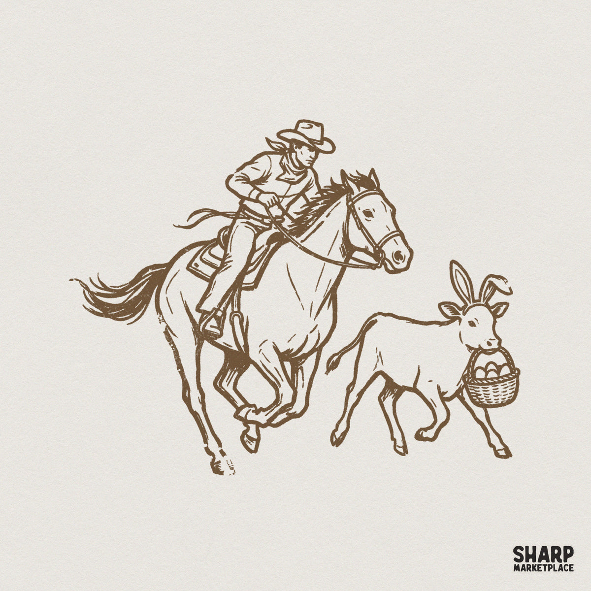 Vintage monochrome brown line art of a cowboy on a galloping horse next to a calf with bunny ears carrying an Easter egg basket, transparent background.