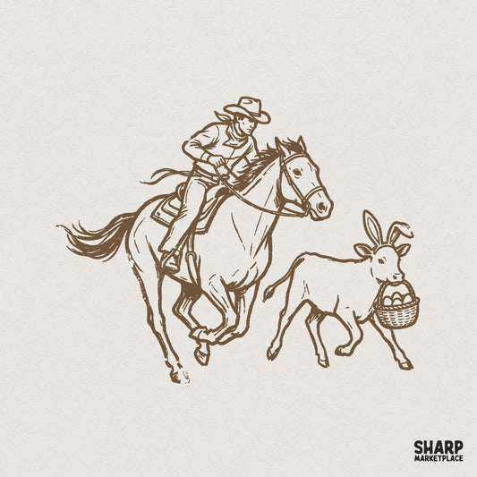 Vintage monochrome brown line art of a cowboy on a galloping horse next to a calf with bunny ears carrying an Easter egg basket, transparent background.