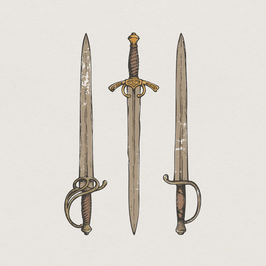 Hand-drawn trio of medieval swords in a vintage, distressed style with muted gold and earth tones, perfect for warrior-themed apparel and wall art.