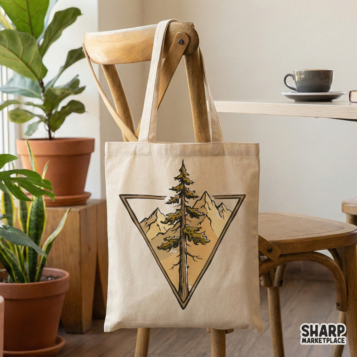 Muted earth-toned forest landscape graphic featuring a pine tree and mountain range in a geometric triangle, ideal for custom hiking apparel designs.