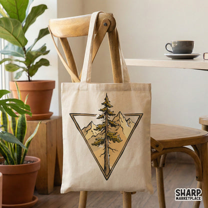 Muted earth-toned forest landscape graphic featuring a pine tree and mountain range in a geometric triangle, ideal for custom hiking apparel designs.