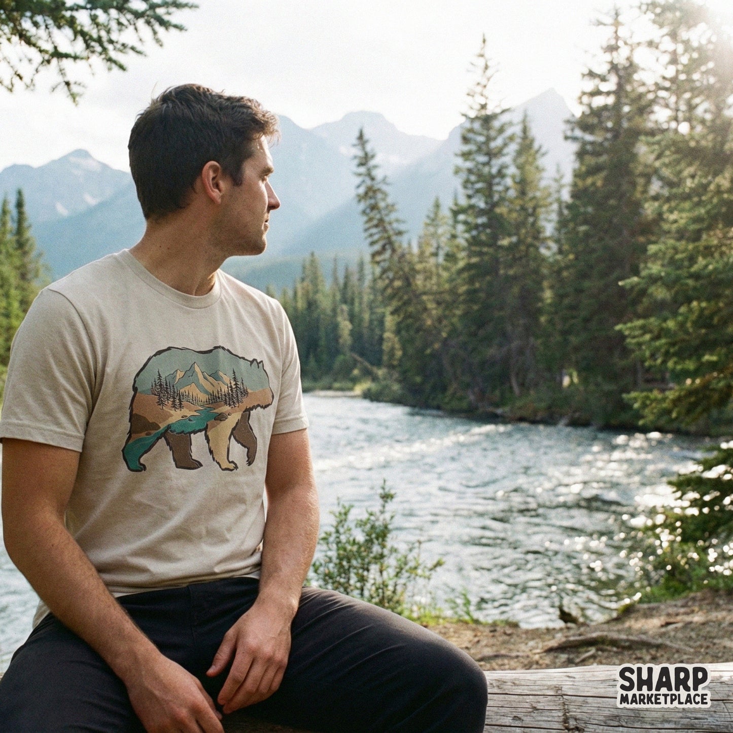 Mountain Bear Wilderness Shirt, Forest River Outdoor Hiking Tee - 300 DPI