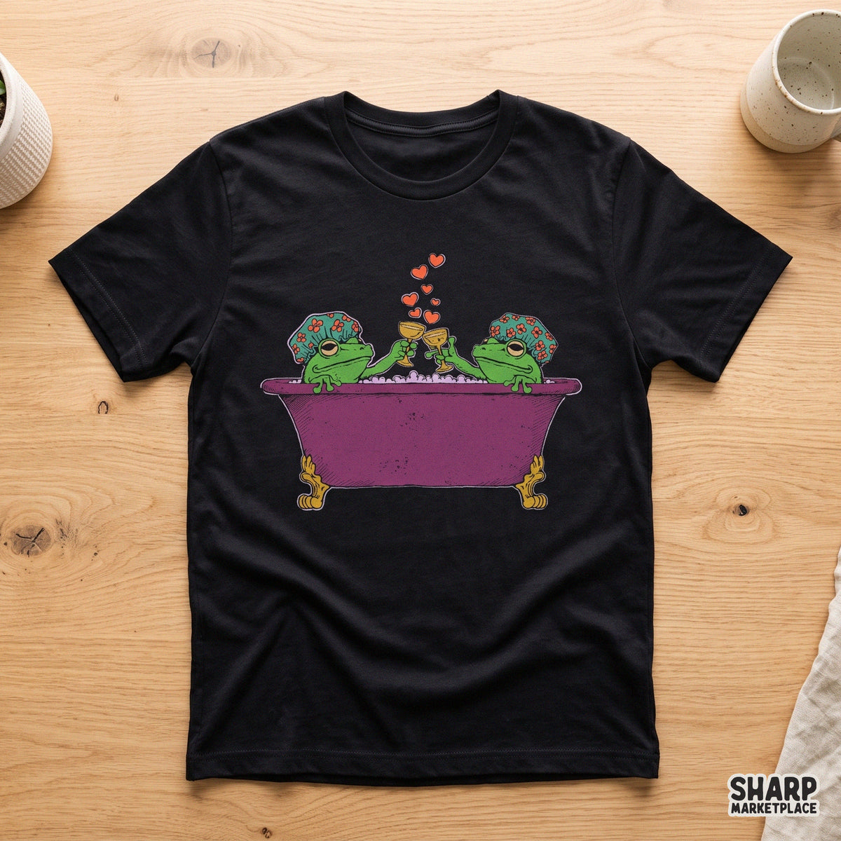Two Frogs in Bathtub Toasting Champagne Graphic, Cute