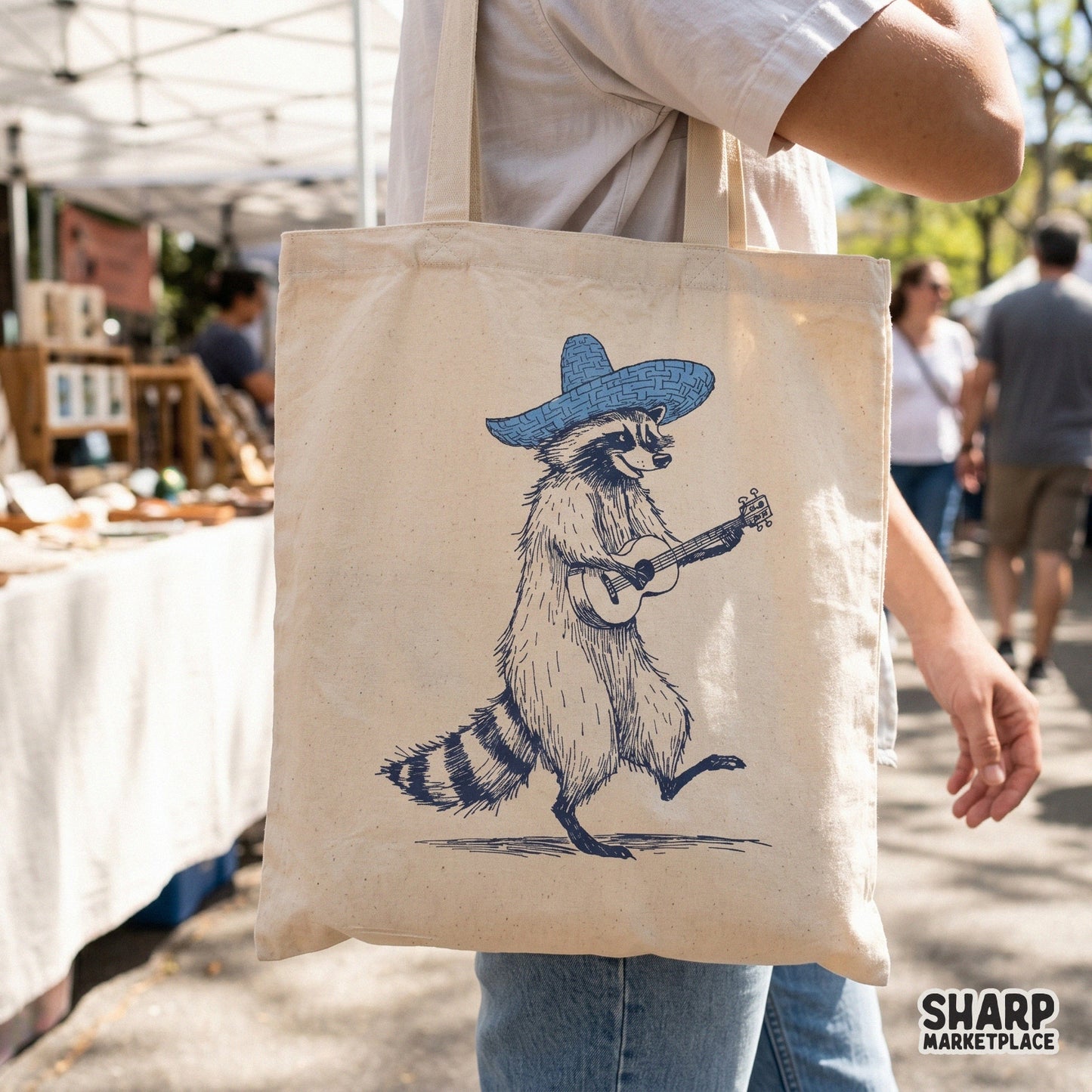 Digital illustration of a funny trash panda in a blue woven hat strumming a ukulele, perfect for sublimation transfers and trendy country music shirts.