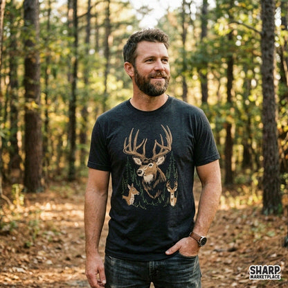 Rustic buck and deer in dark pine forest retro art for hunting sublimation and t-shirt designs