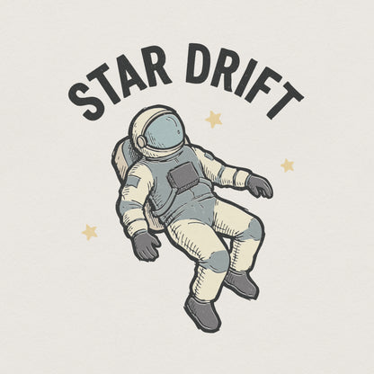 Hand-drawn astronaut floating in space with yellow stars and arched Star Drift text, vintage style digital illustration for sublimation and apparel.