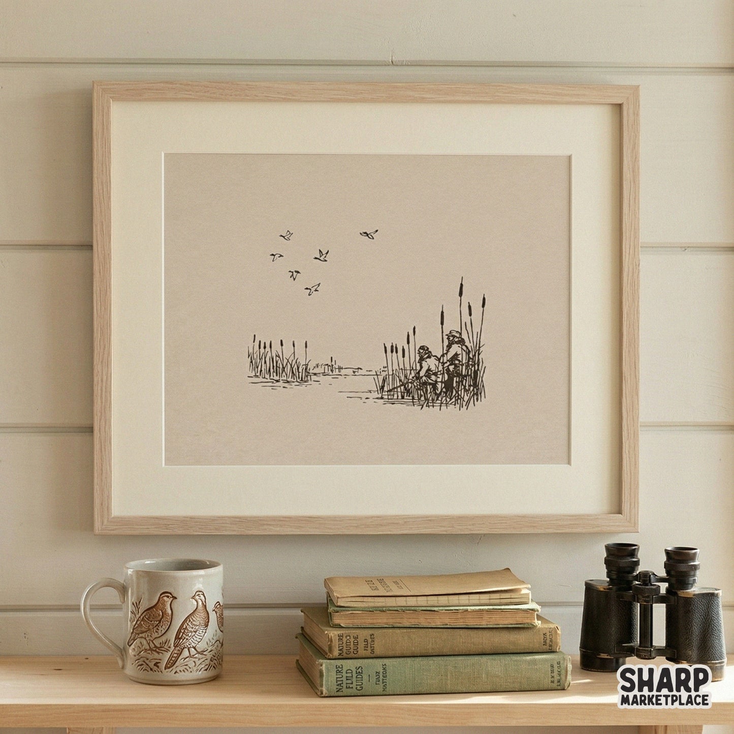 Detailed digital download of a vintage marsh scene with sportsmen and birds, ideal for creating custom fall-themed t-shirts, tumblers, and DIY gifts.