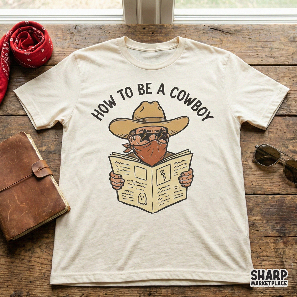 Digital design of a mysterious cowboy reading a newspaper, styled with vintage typography and a small ghost icon, perfect for western-themed apparel.