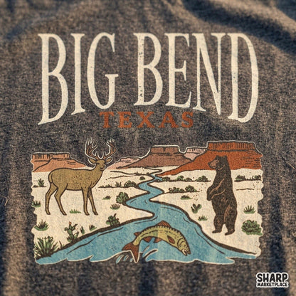 Retro Big Bend Texas desert scene featuring a bear, deer, and fish for vintage national park sublimation designs