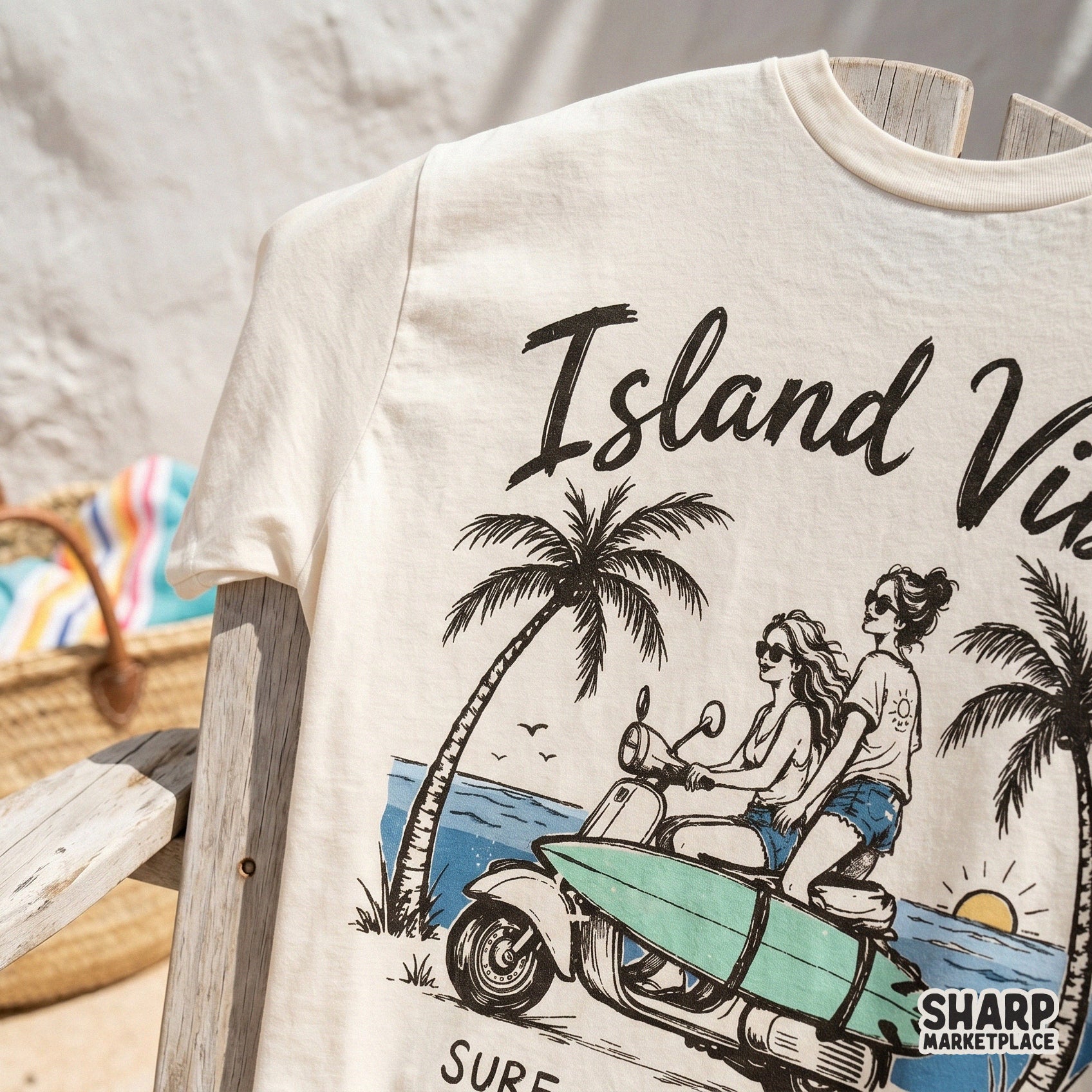 Trendy summer sublimation design showing two girls on a scooter with palm trees and a sunset, perfect for custom t-shirts and apparel.