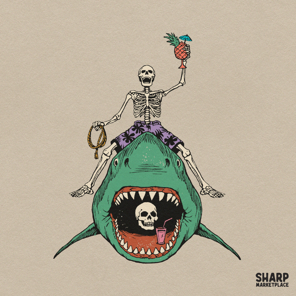 Tropical Skeleton Riding Shark With Pineapple Cocktail