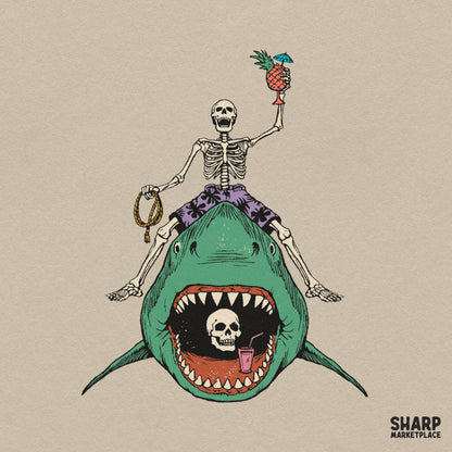 Tropical Skeleton Riding Shark With Pineapple Cocktail