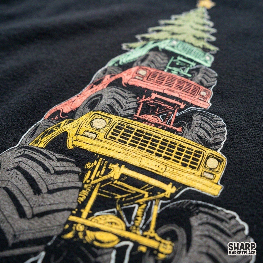 Monster Trucks Stacked Holiday Tree Art, Retro Christmas