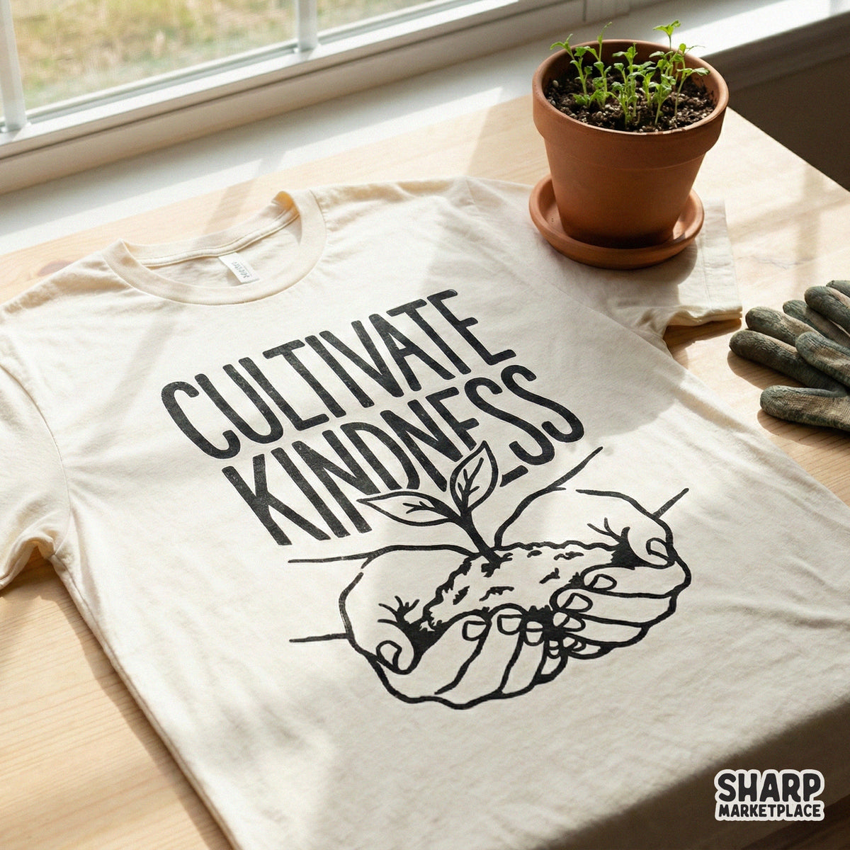 A neutral-colored t-shirt featuring a hand-drawn botanical design of hands cradling a sprout with the motivational quote Cultivate Kindness in serif font.