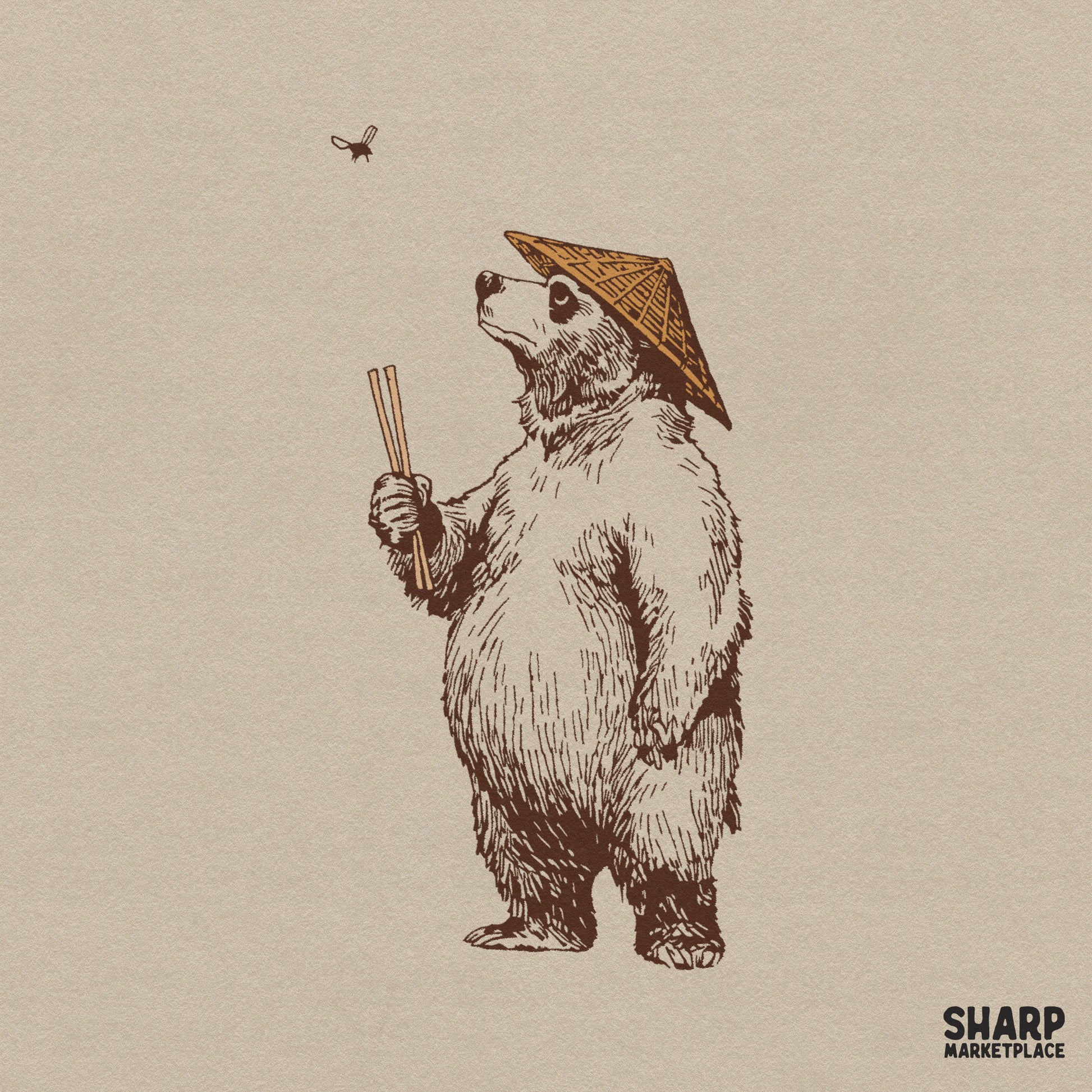 Funny retro asian bear looking at fly with chopsticks sublimation design for shirt and tumbler png